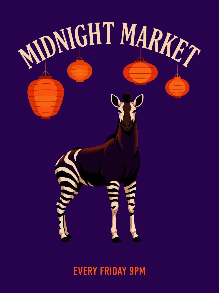 Ideogram Vector — Векторный постер ночной ярмарки Midnight Market с окапи